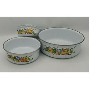 Vintage 3 Piece Set Kobe Kitchen Metal Enamel Nesting Mixing Bowls Floral Japan